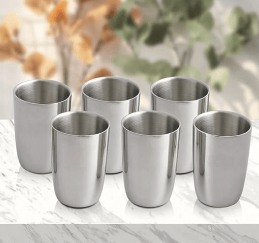 Shri & Sam High Grade Stainless Steel Nikki Glass Set Double Wall, Silver, Pack of 6